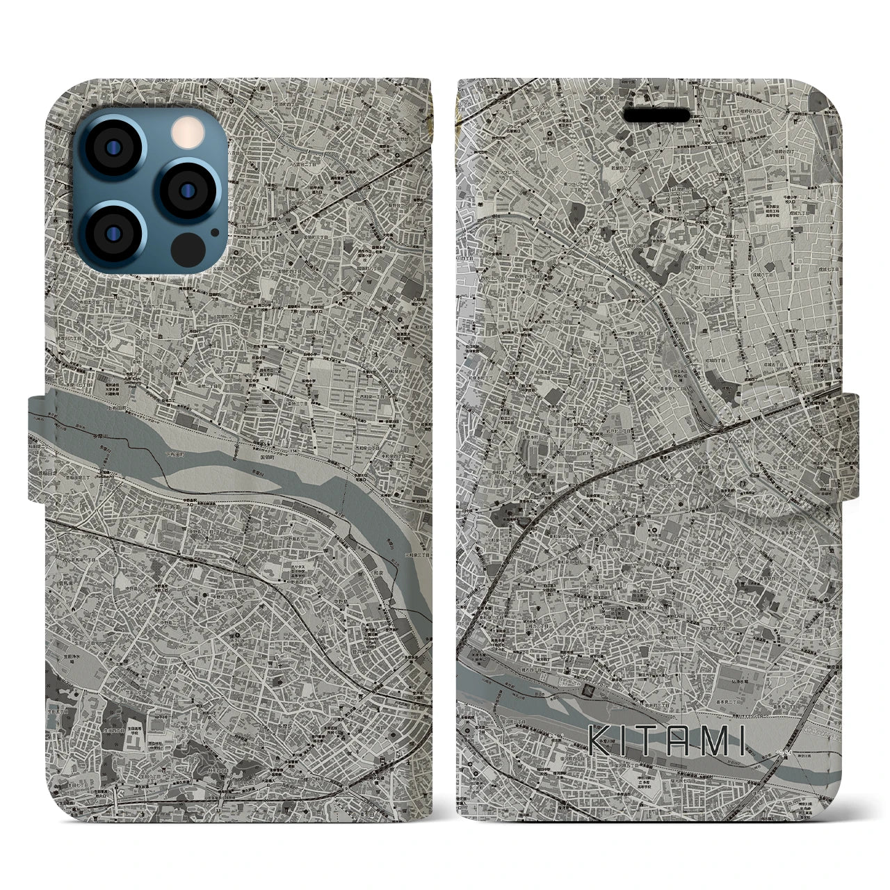 【喜多見(東京都)】地図柄iPhoneケース(手帳タイプ)モノトーン・iPhone 12 / 12 Pro 用
