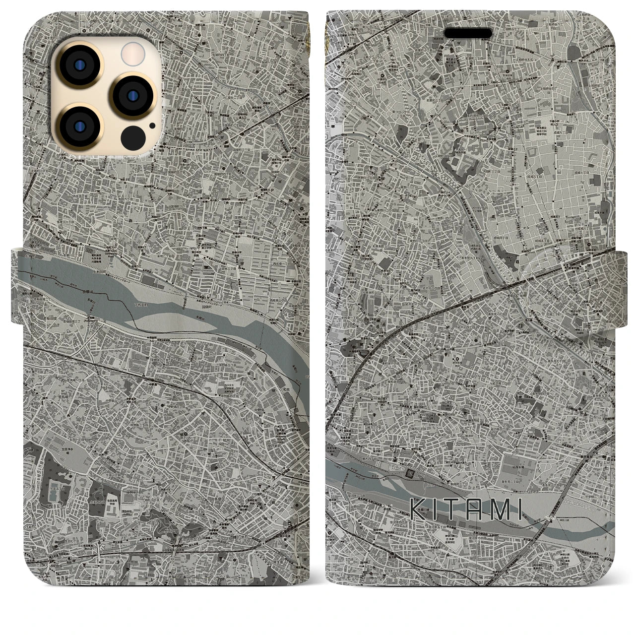 【喜多見(東京都)】地図柄iPhoneケース(手帳タイプ)モノトーン・iPhone 12 Pro Max 用