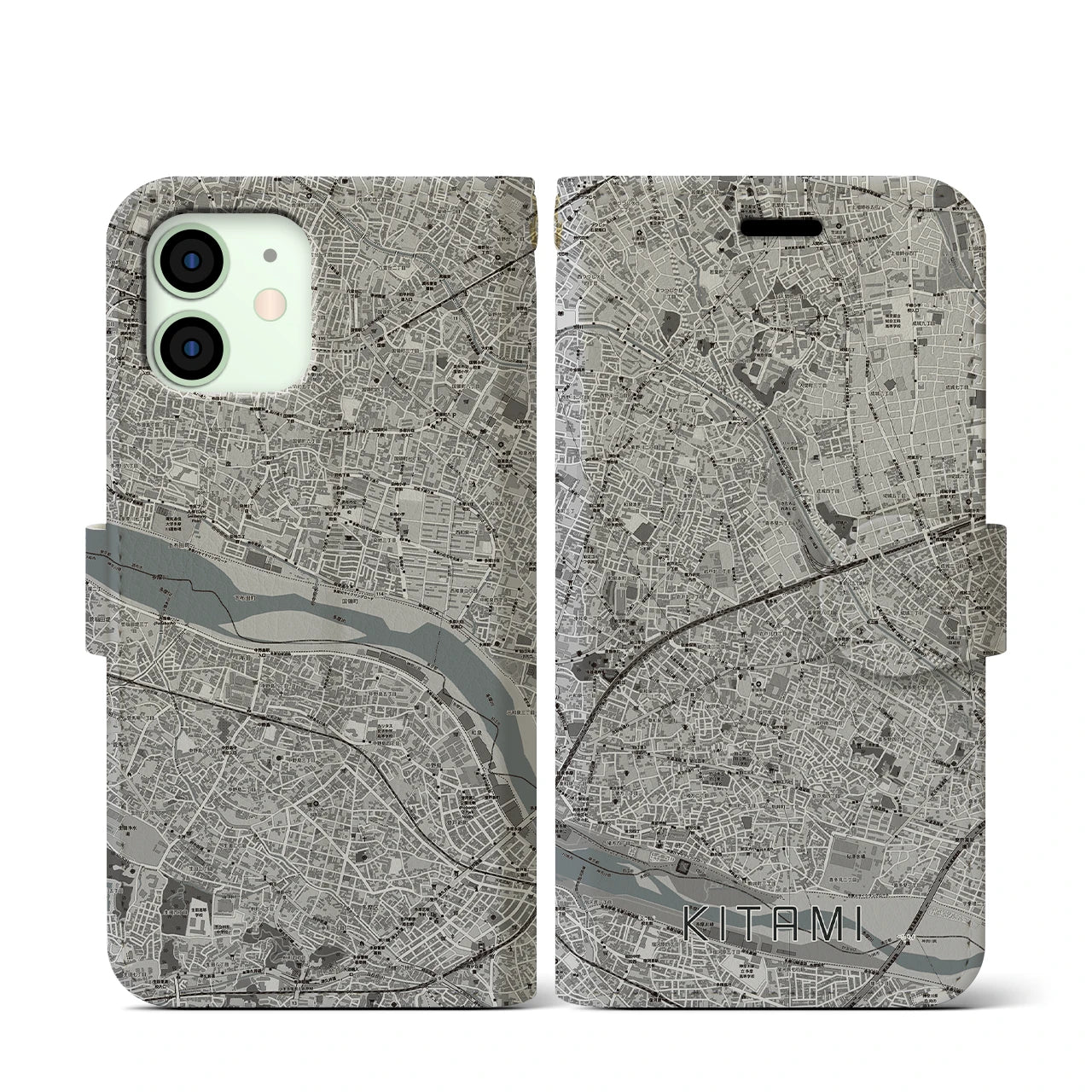 【喜多見(東京都)】地図柄iPhoneケース(手帳タイプ)モノトーン・iPhone 12 mini 用