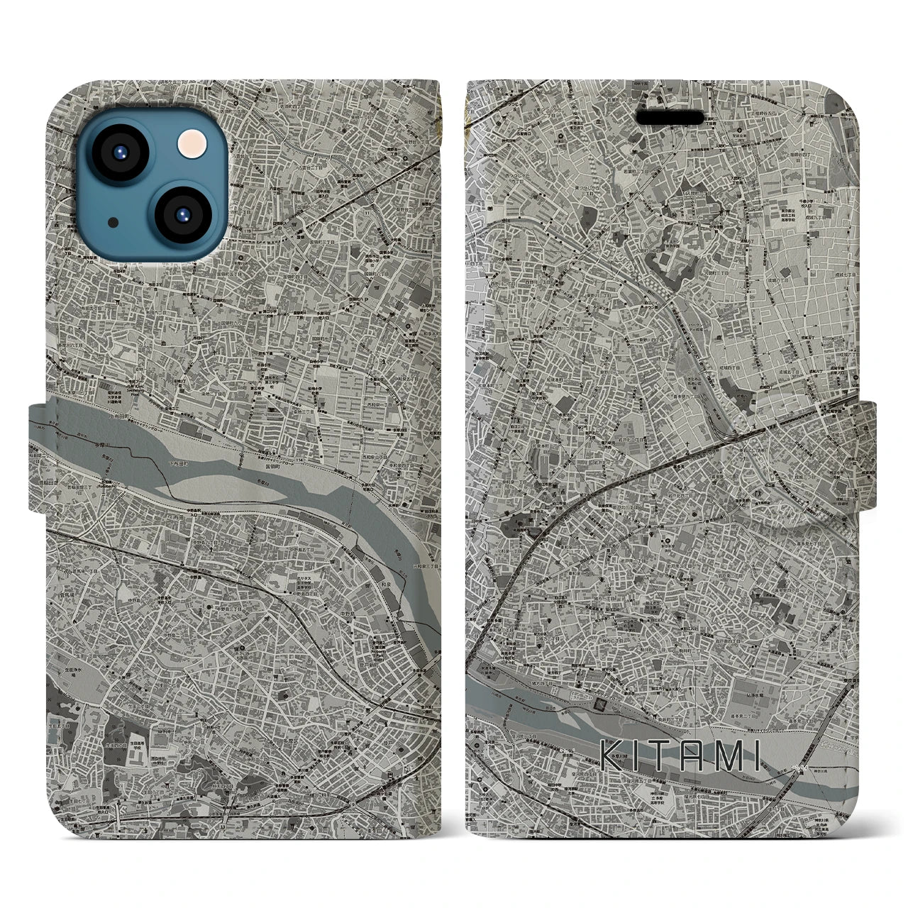 【喜多見(東京都)】地図柄iPhoneケース(手帳タイプ)モノトーン・iPhone 13 用