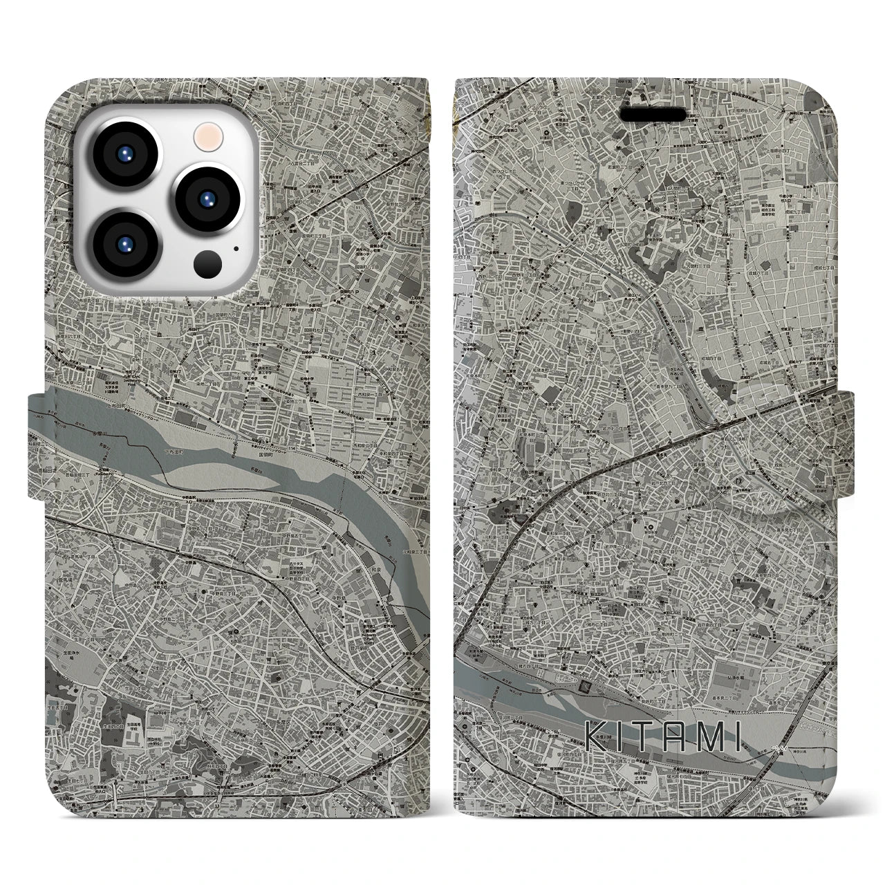 【喜多見(東京都)】地図柄iPhoneケース(手帳タイプ)モノトーン・iPhone 13 Pro 用