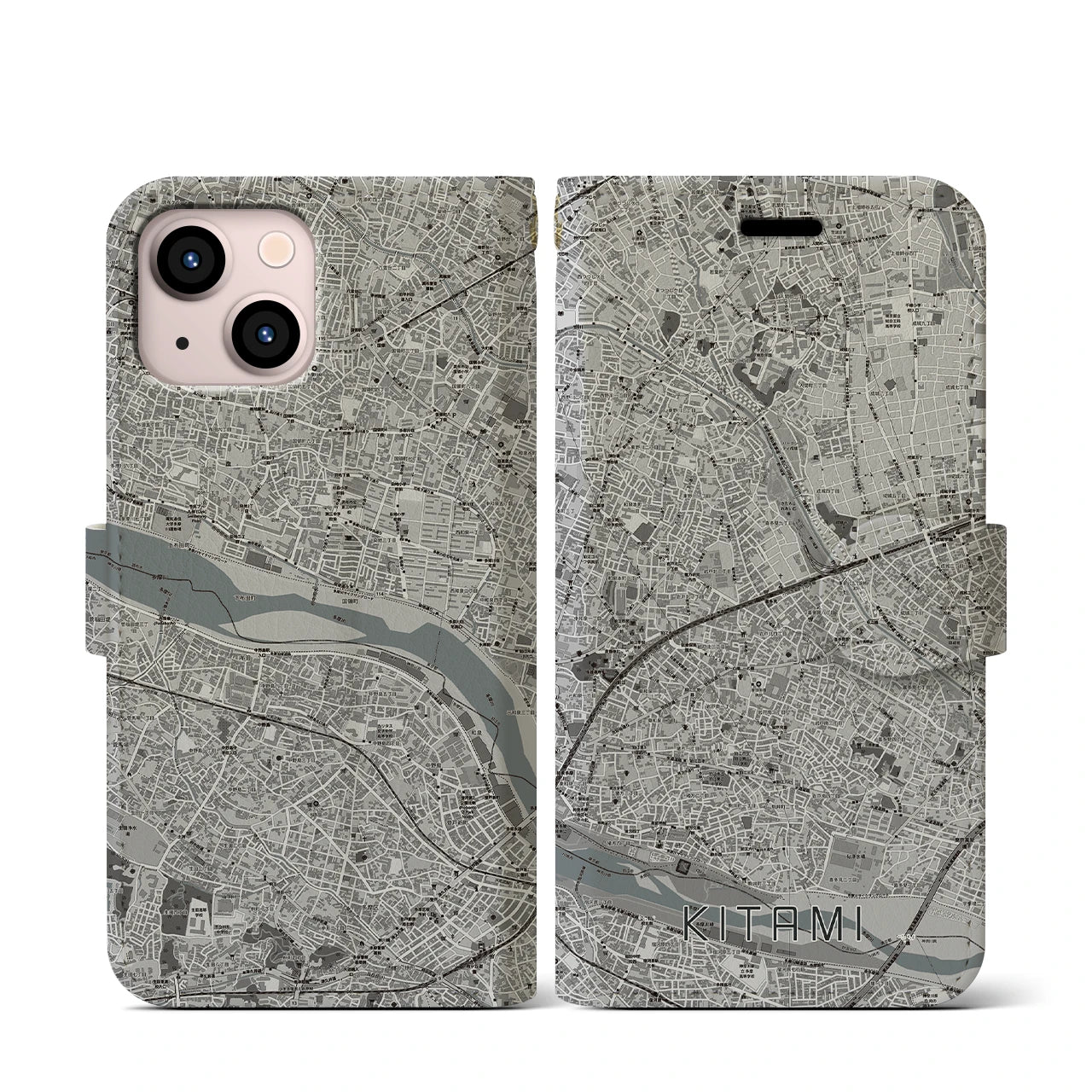 【喜多見(東京都)】地図柄iPhoneケース(手帳タイプ)モノトーン・iPhone 13 mini 用