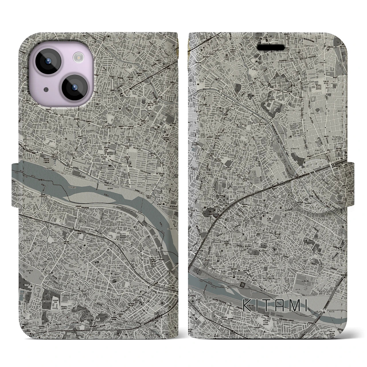 【喜多見(東京都)】地図柄iPhoneケース(手帳タイプ)モノトーン・iPhone 14 用