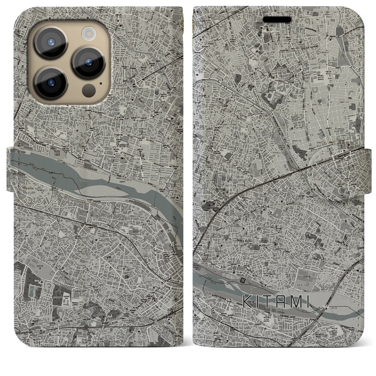 【喜多見(東京都)】地図柄iPhoneケース(手帳タイプ)モノトーン・iPhone 14 Pro Max 用