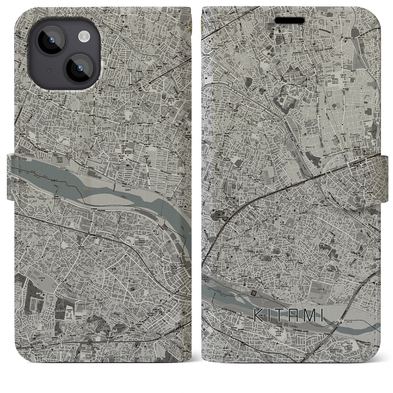 【喜多見(東京都)】地図柄iPhoneケース(手帳タイプ)モノトーン・iPhone 14 Plus 用