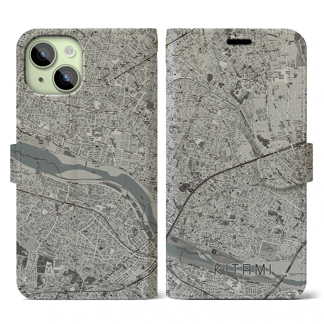 【喜多見(東京都)】地図柄iPhoneケース(手帳タイプ)モノトーン・iPhone 15 用