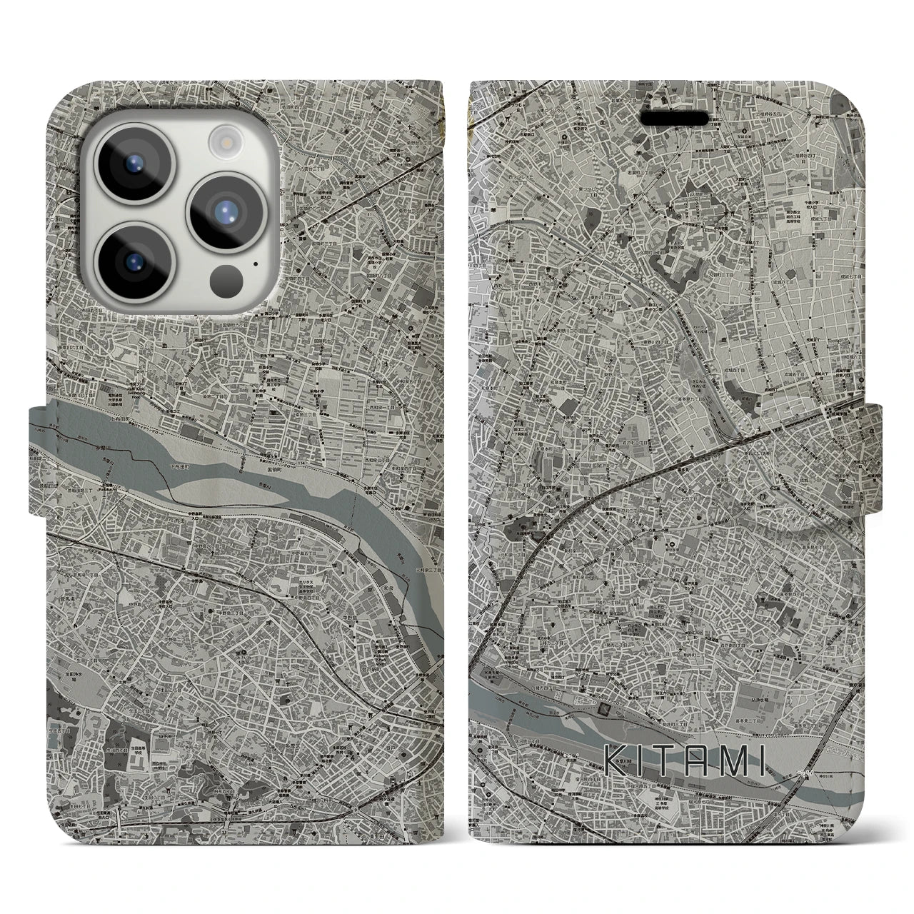 【喜多見(東京都)】地図柄iPhoneケース(手帳タイプ)モノトーン・iPhone 15 Pro 用