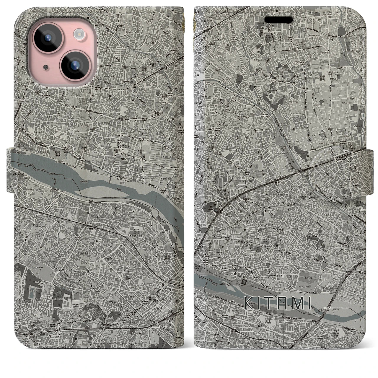 【喜多見(東京都)】地図柄iPhoneケース(手帳タイプ)モノトーン・iPhone 15 Plus 用
