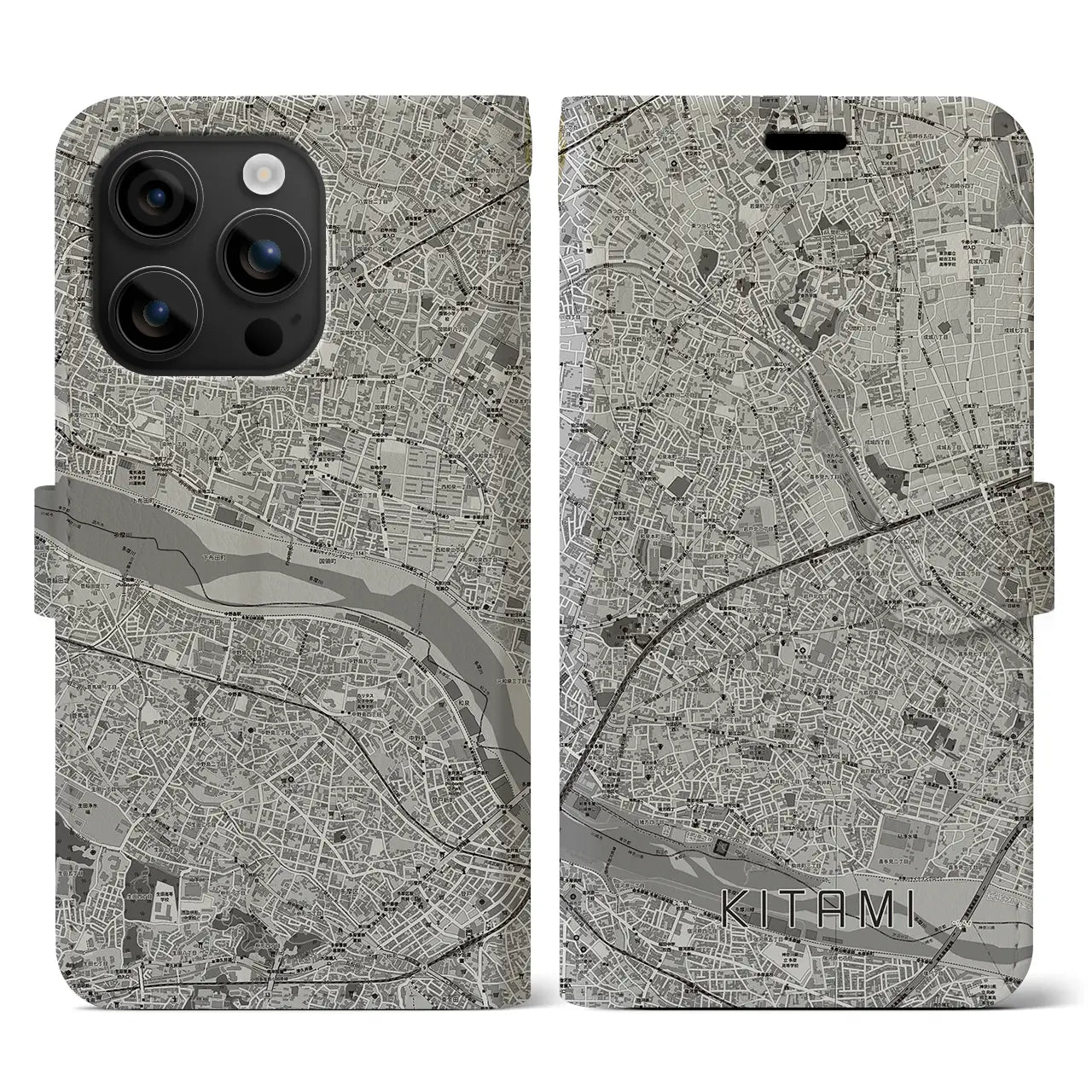 【喜多見(東京都)】地図柄iPhoneケース(手帳タイプ)モノトーン・iPhone 16 用