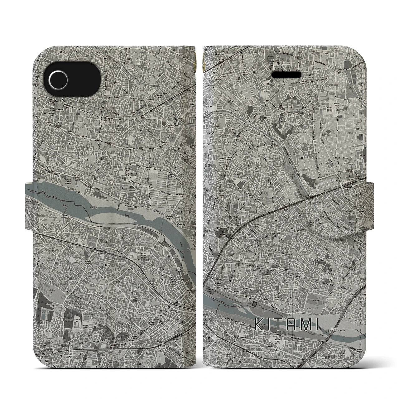 【喜多見(東京都)】地図柄iPhoneケース(手帳タイプ)モノトーン・iPhone SE(第3 / 第2世代) / 8 / 7 / 6s / 6 用