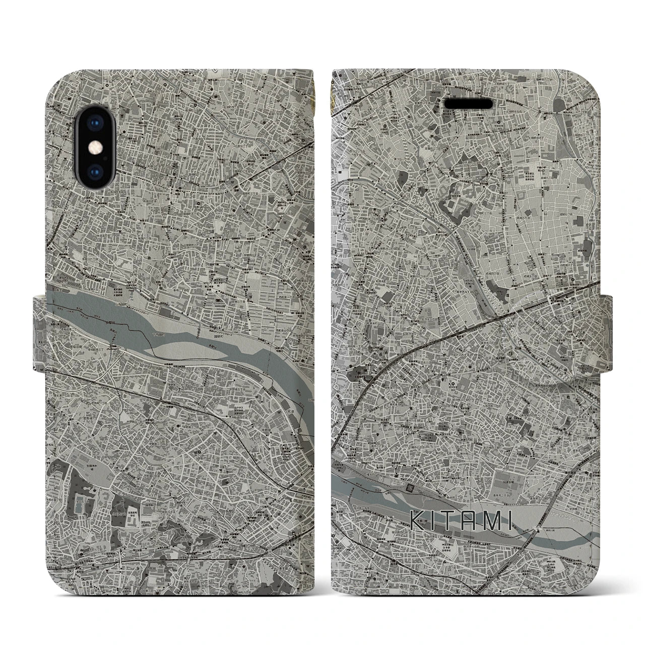 【喜多見(東京都)】地図柄iPhoneケース(手帳タイプ)モノトーン・iPhone XS / X 用