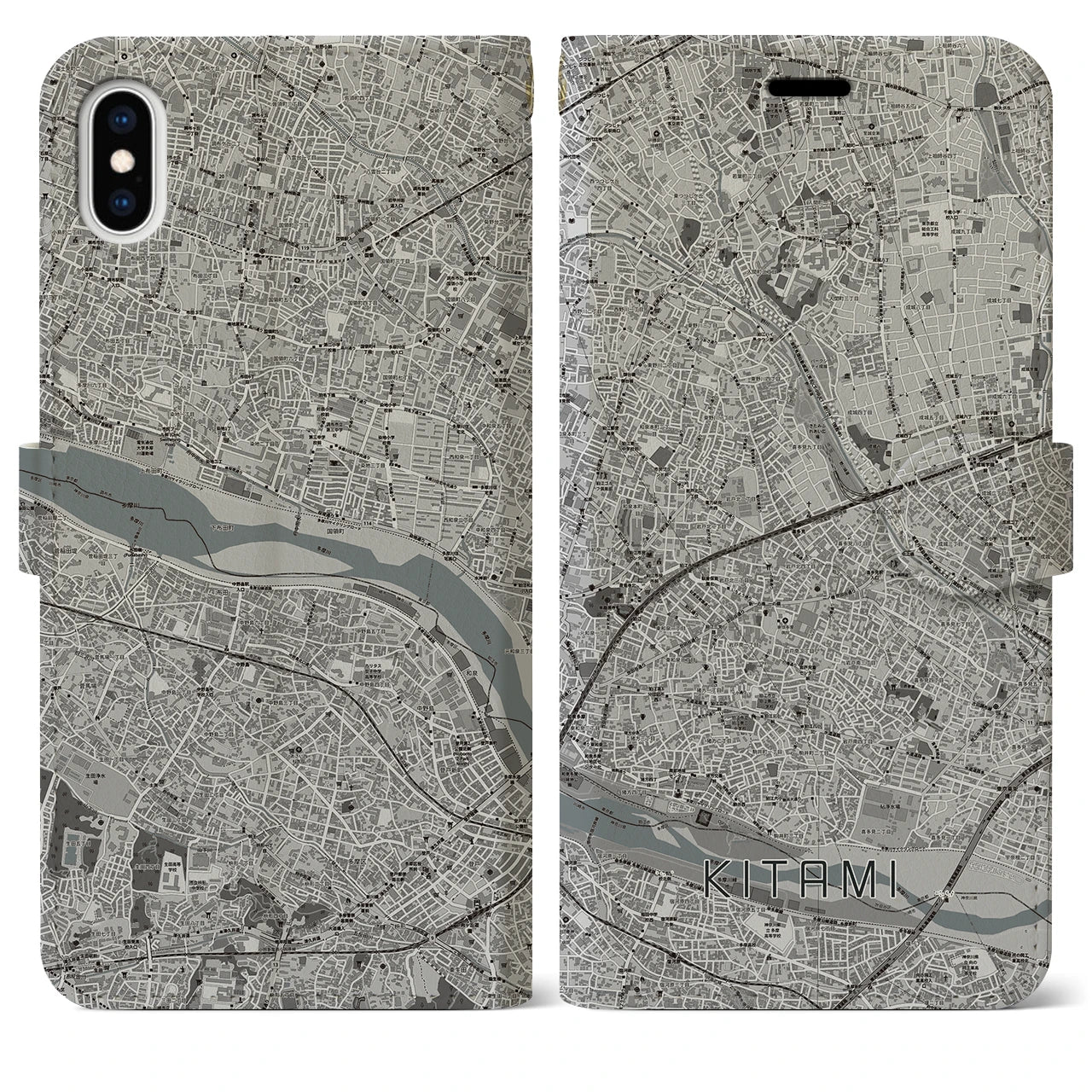 【喜多見(東京都)】地図柄iPhoneケース(手帳タイプ)モノトーン・iPhone XS Max 用