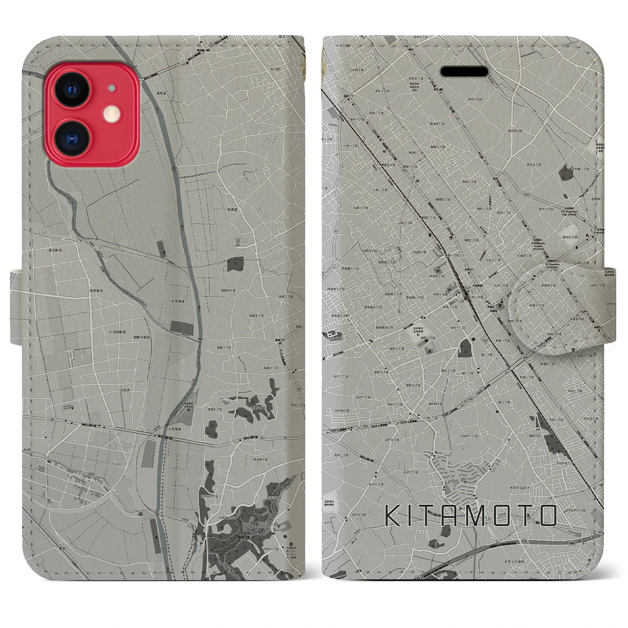 【北本(埼玉県)】地図柄iPhoneケース(手帳タイプ)モノトーン・iPhone 11 用