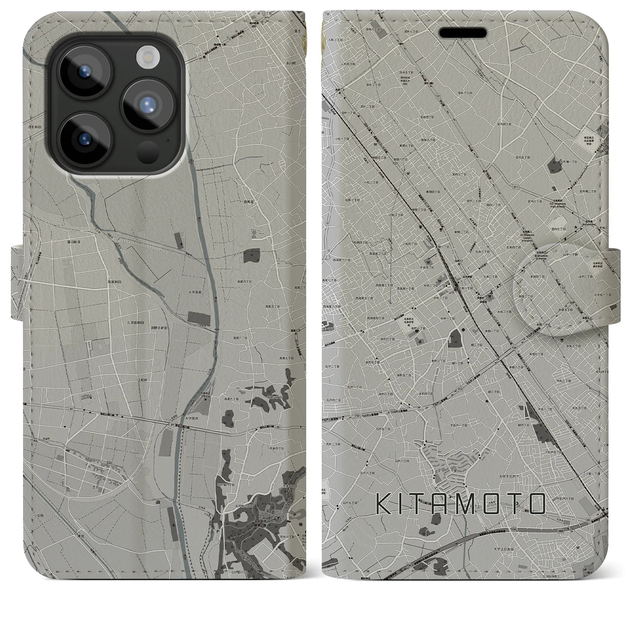 【北本(埼玉県)】地図柄iPhoneケース(手帳タイプ)モノトーン・iPhone 15 Pro Max 用