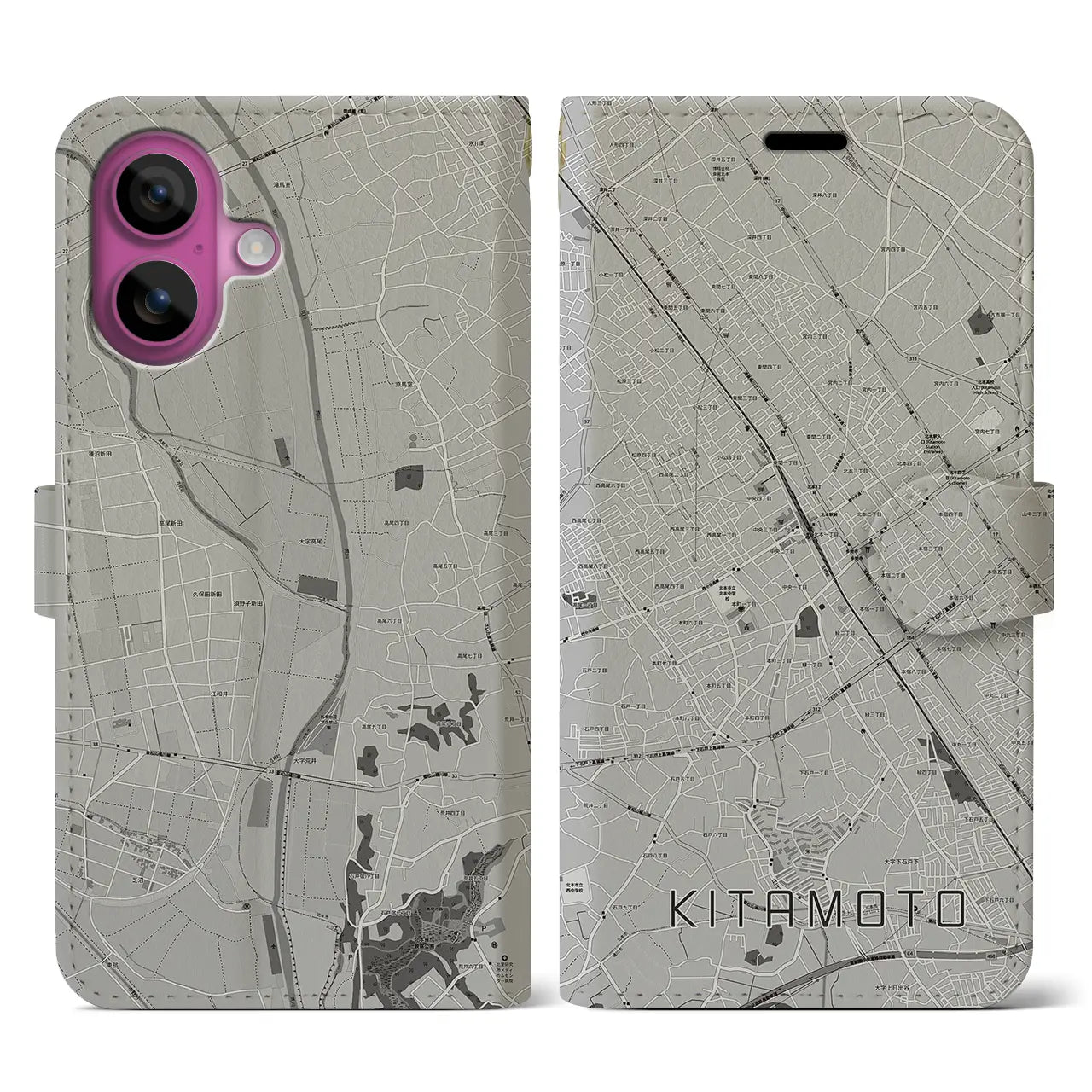 【北本(埼玉県)】地図柄iPhoneケース(手帳タイプ)モノトーン・iPhone 16 Pro 用