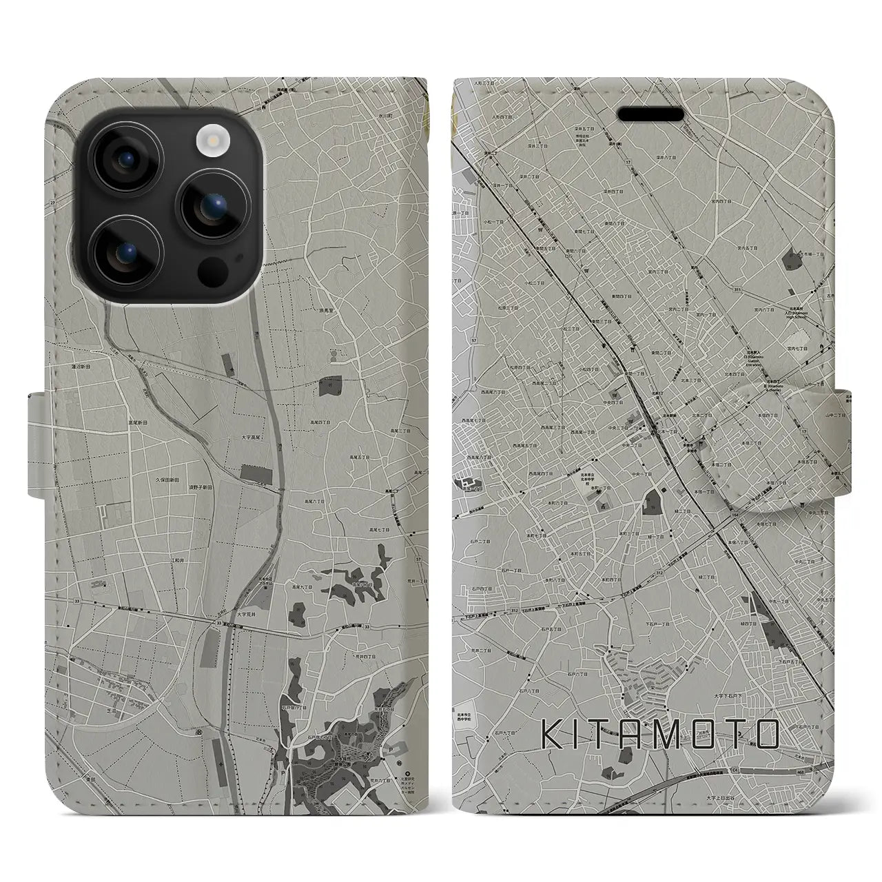 【北本(埼玉県)】地図柄iPhoneケース(手帳タイプ)モノトーン・iPhone 16 用