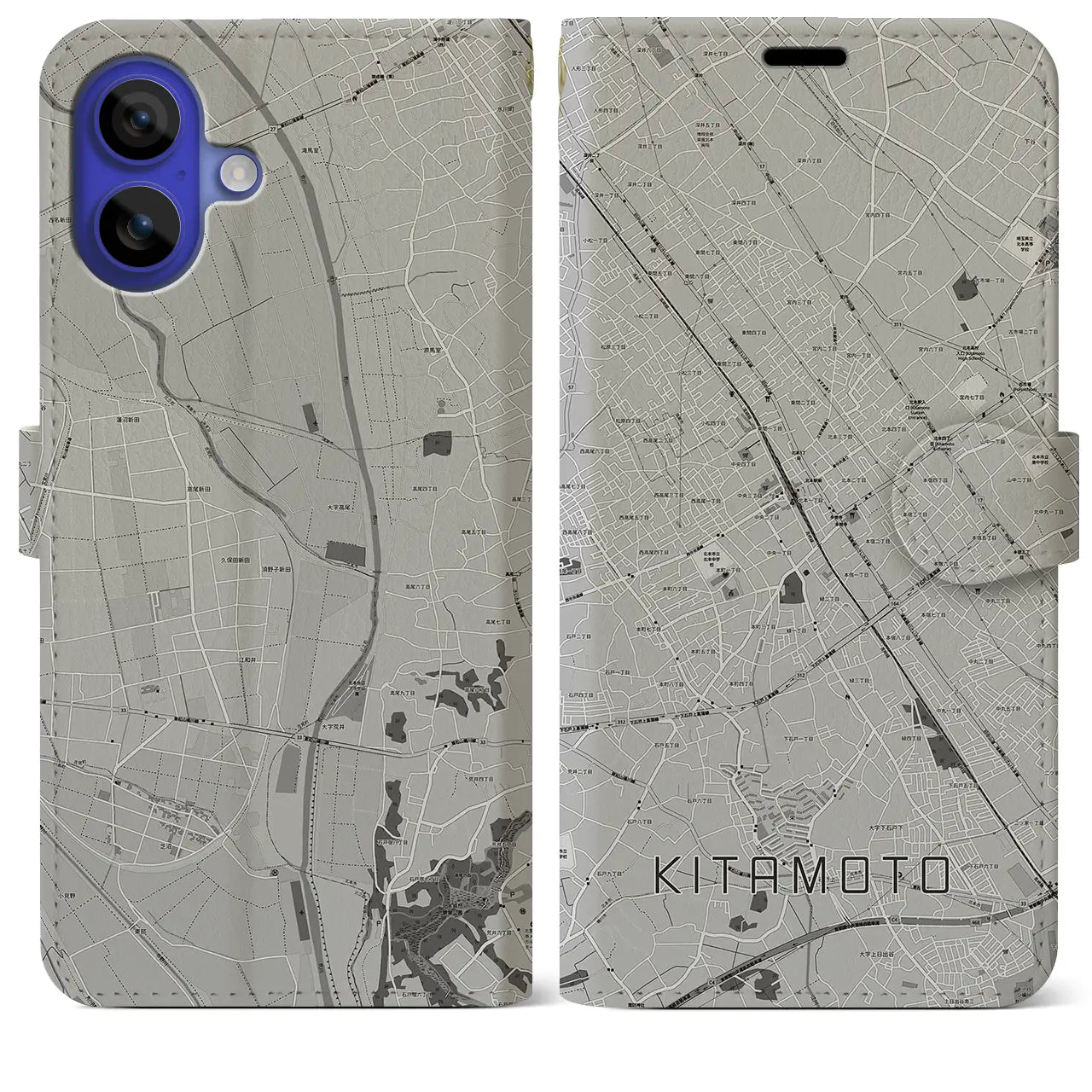 【北本(埼玉県)】地図柄iPhoneケース(手帳タイプ)モノトーン・iPhone 16 Pro Max 用
