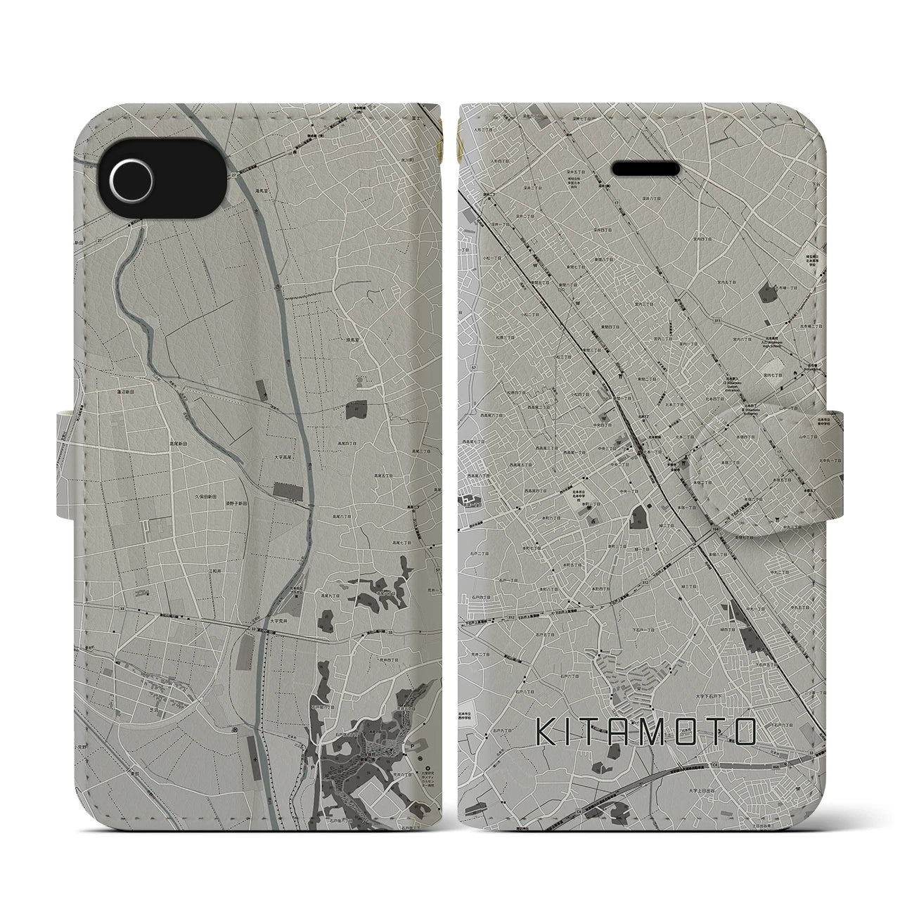 【北本(埼玉県)】地図柄iPhoneケース(手帳タイプ)モノトーン・iPhone SE(第3 / 第2世代) / 8 / 7 / 6s / 6 用