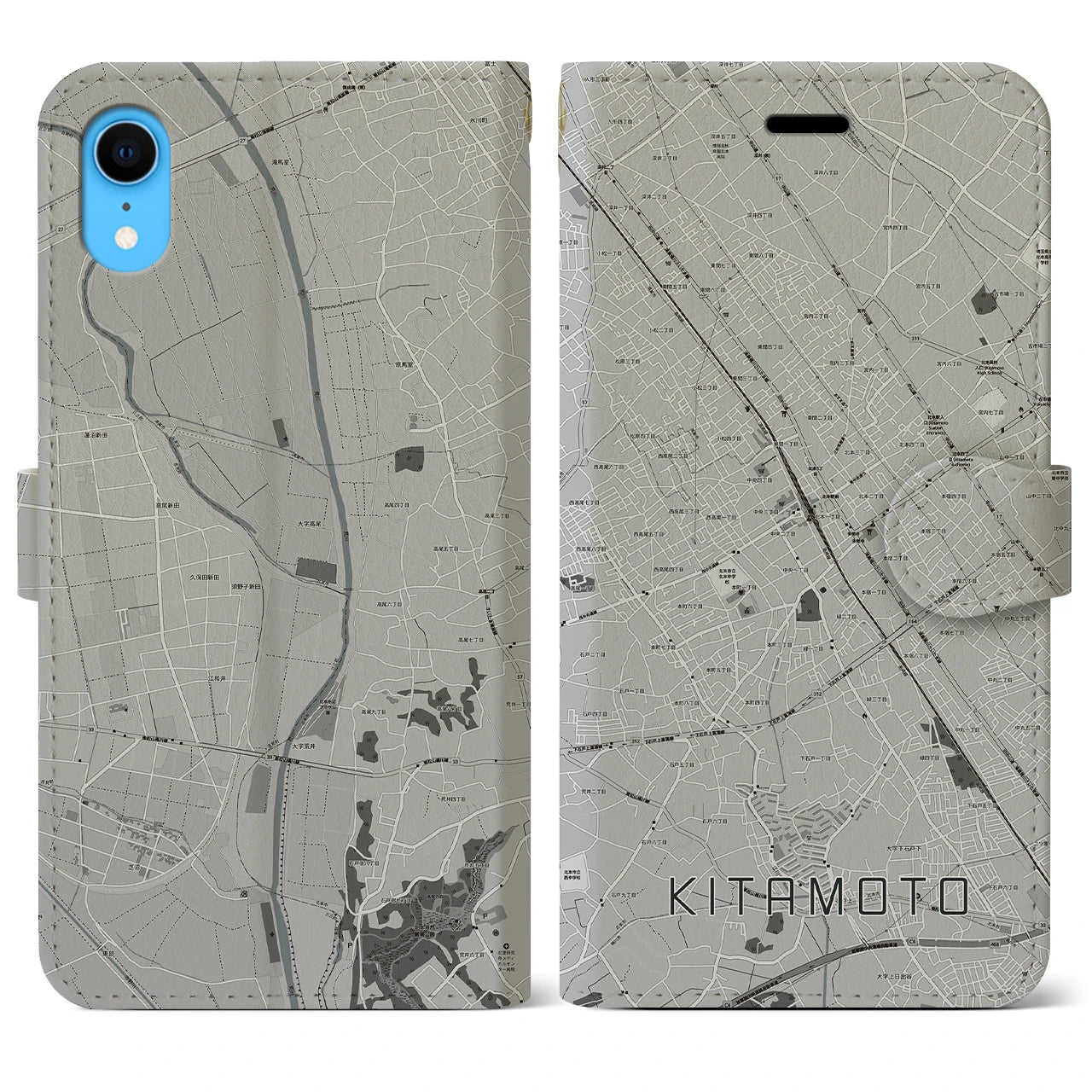 【北本(埼玉県)】地図柄iPhoneケース(手帳タイプ)モノトーン・iPhone XR 用