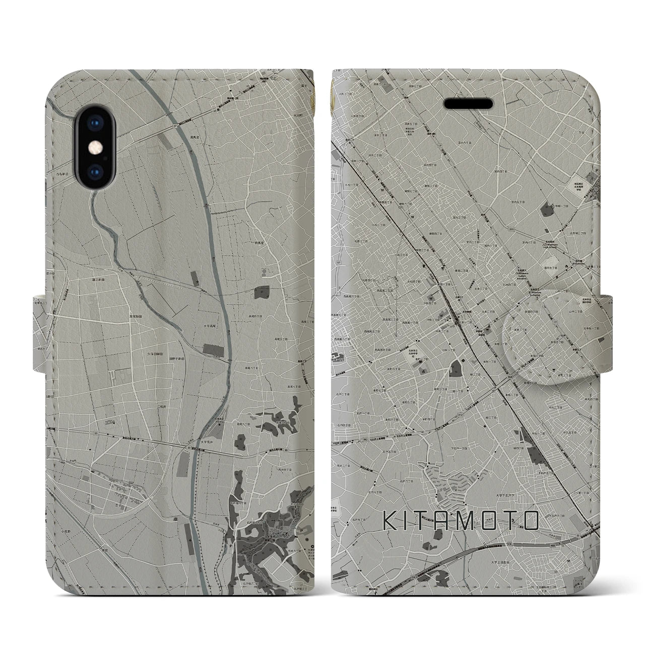 【北本(埼玉県)】地図柄iPhoneケース(手帳タイプ)モノトーン・iPhone XS / X 用