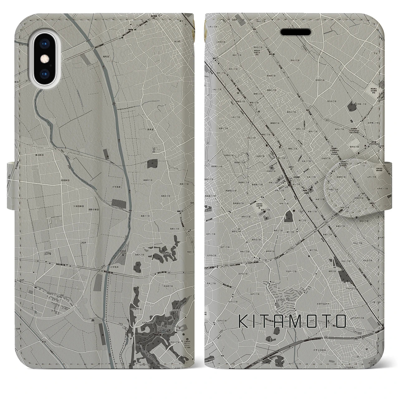 【北本(埼玉県)】地図柄iPhoneケース(手帳タイプ)モノトーン・iPhone XS Max 用