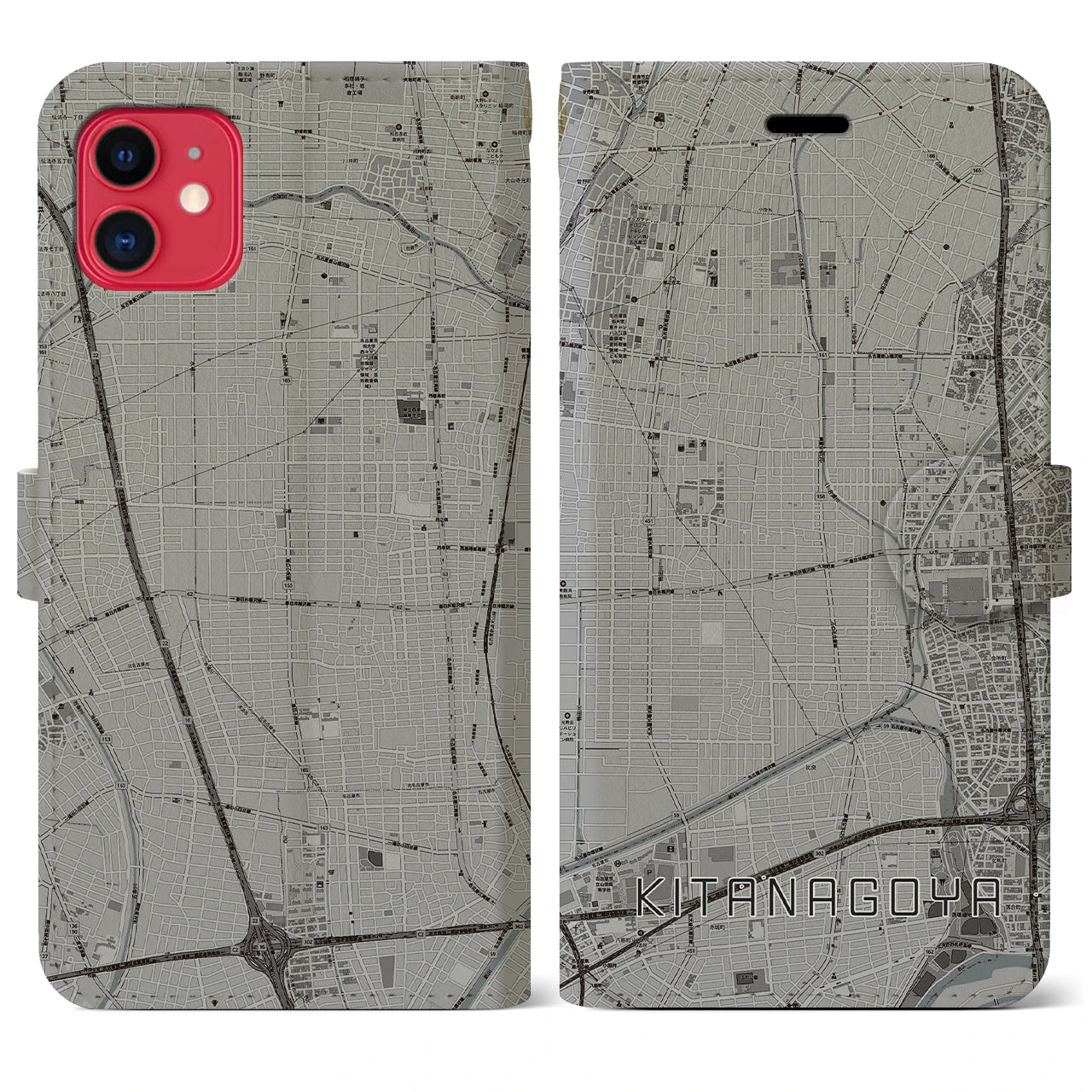 【北名古屋(愛知県)】地図柄iPhoneケース(手帳タイプ)モノトーン・iPhone 11 用
