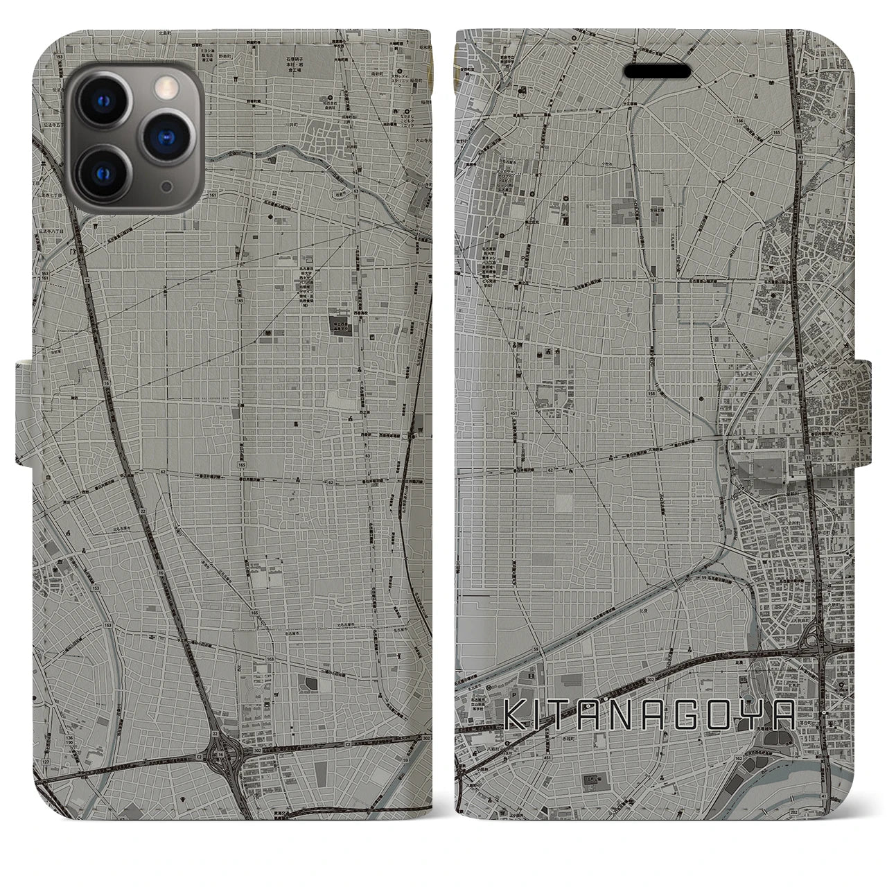 【北名古屋(愛知県)】地図柄iPhoneケース(手帳タイプ)モノトーン・iPhone 11 Pro Max 用