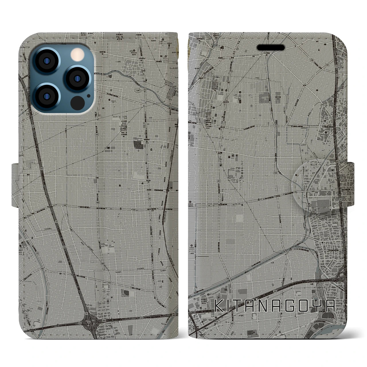 【北名古屋(愛知県)】地図柄iPhoneケース(手帳タイプ)モノトーン・iPhone 12 / 12 Pro 用