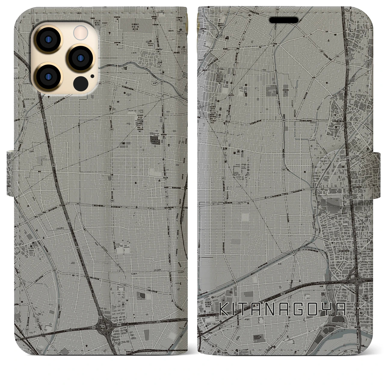 【北名古屋(愛知県)】地図柄iPhoneケース(手帳タイプ)モノトーン・iPhone 12 Pro Max 用