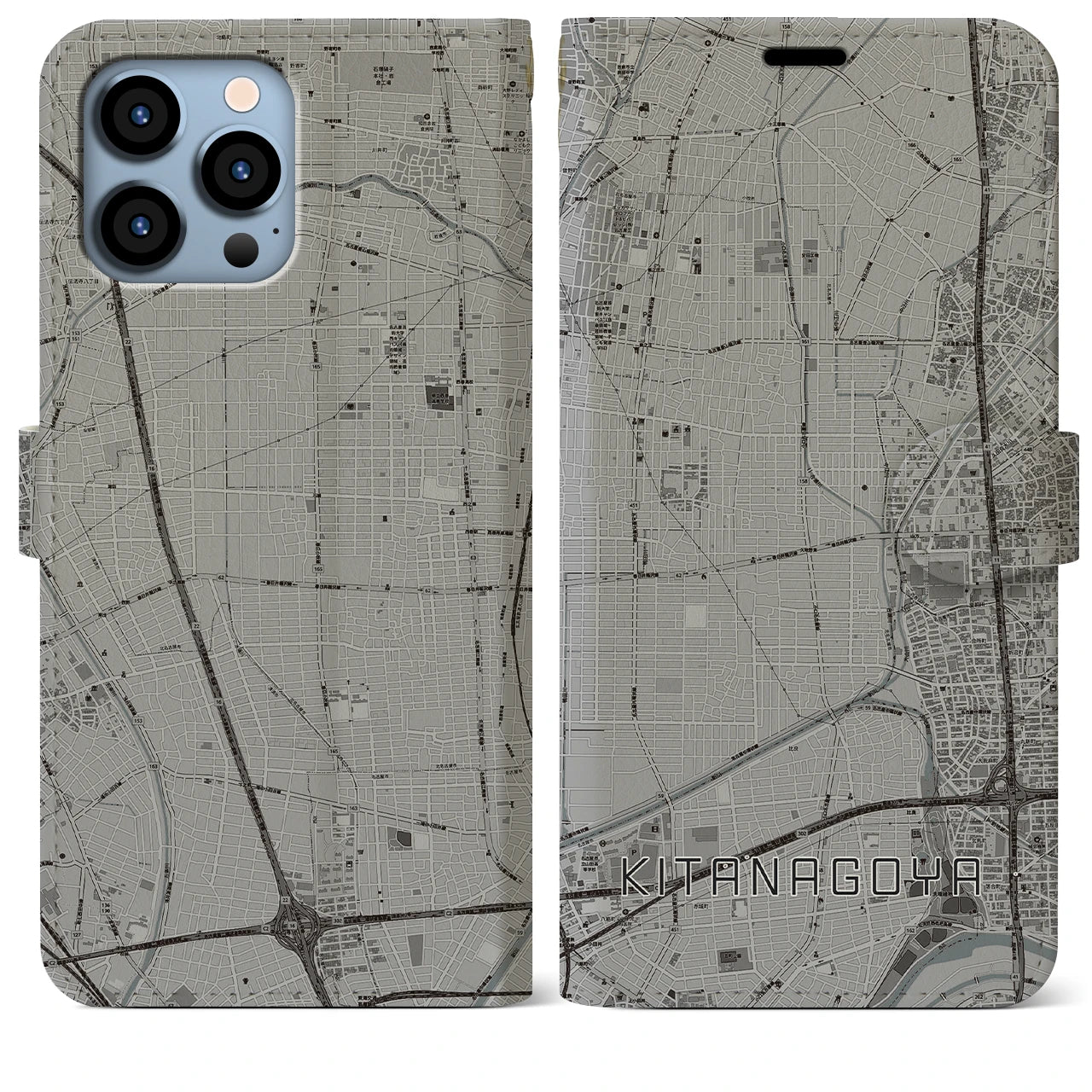 【北名古屋(愛知県)】地図柄iPhoneケース(手帳タイプ)モノトーン・iPhone 13 Pro Max 用
