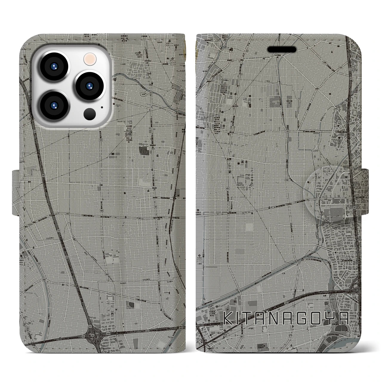 【北名古屋(愛知県)】地図柄iPhoneケース(手帳タイプ)モノトーン・iPhone 13 Pro 用