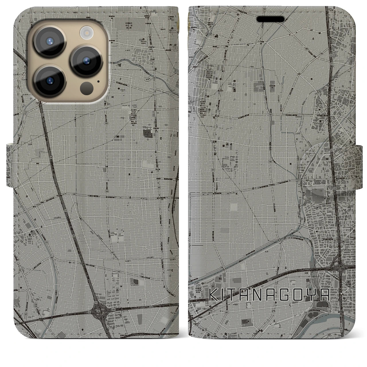 【北名古屋(愛知県)】地図柄iPhoneケース(手帳タイプ)モノトーン・iPhone 14 Pro Max 用