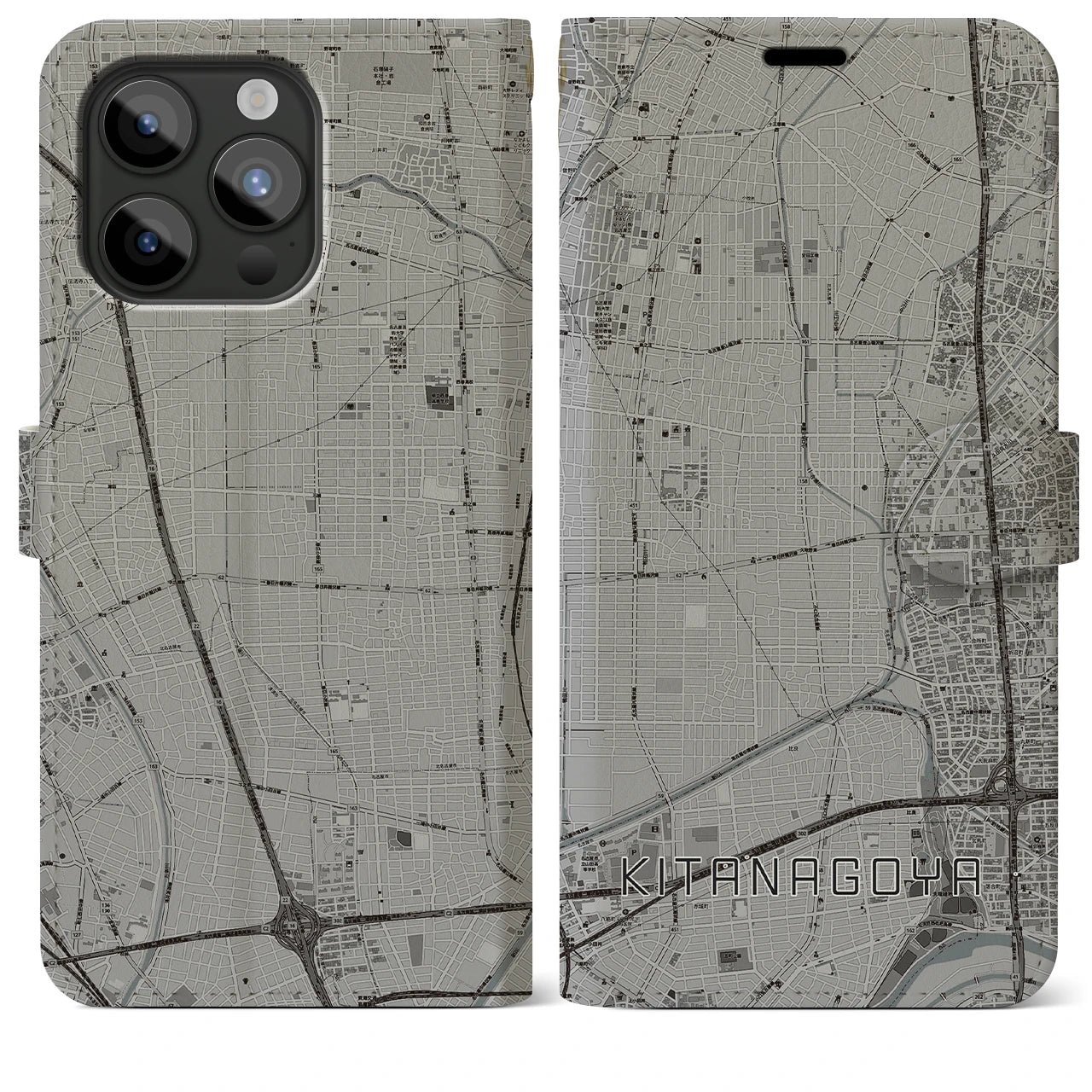 【北名古屋(愛知県)】地図柄iPhoneケース(手帳タイプ)モノトーン・iPhone 15 Pro Max 用