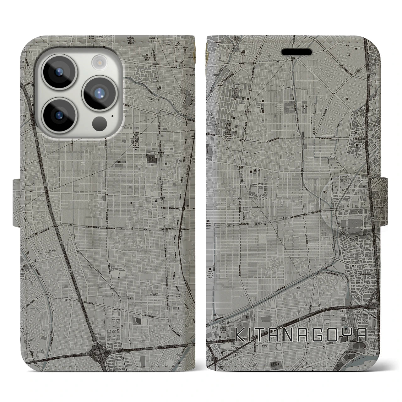 【北名古屋(愛知県)】地図柄iPhoneケース(手帳タイプ)モノトーン・iPhone 15 Pro 用