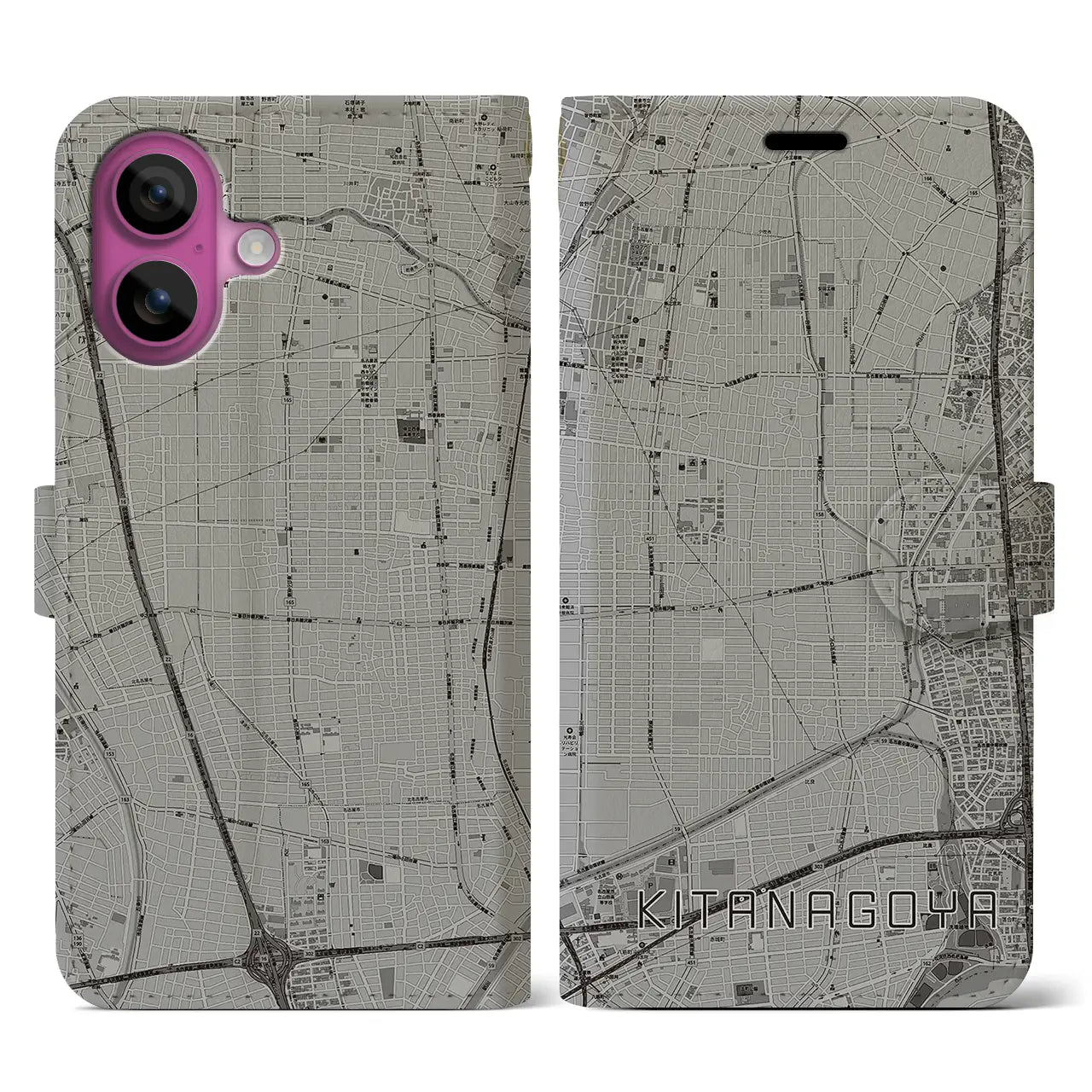 【北名古屋(愛知県)】地図柄iPhoneケース(手帳タイプ)モノトーン・iPhone 16 Pro 用