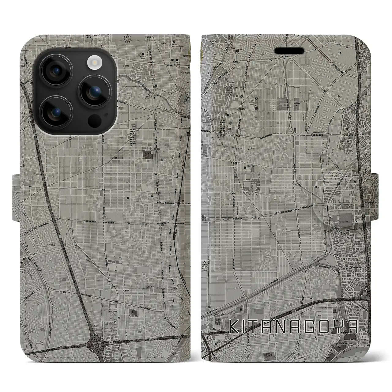【北名古屋(愛知県)】地図柄iPhoneケース(手帳タイプ)モノトーン・iPhone 16 用