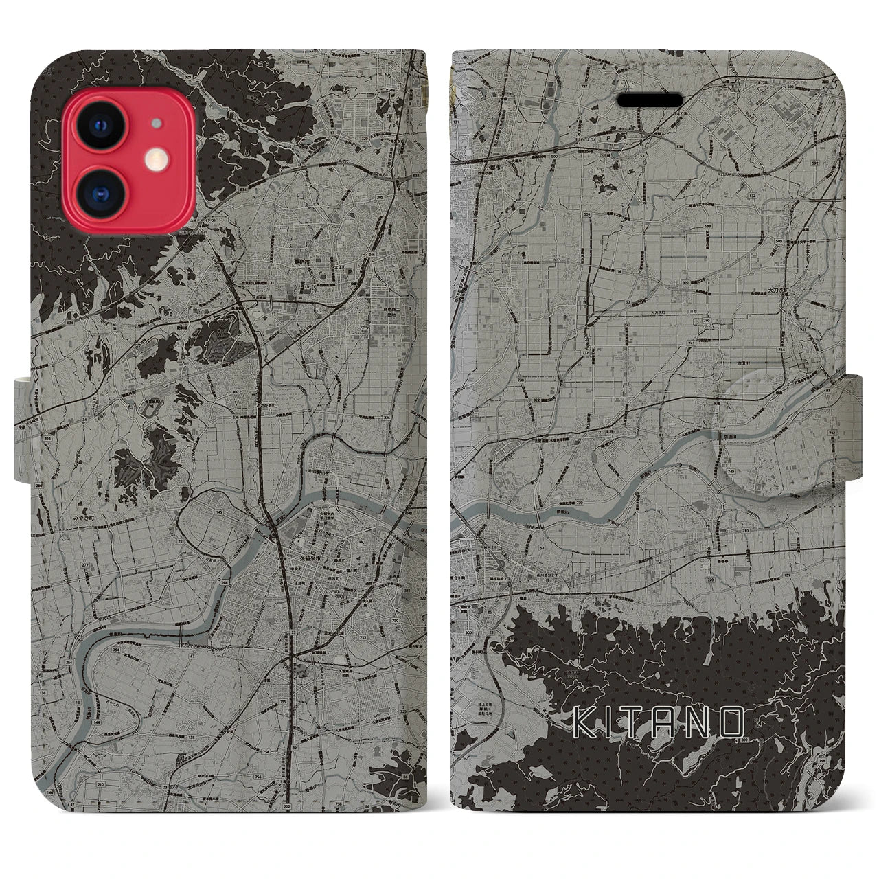 【北野(福岡県)】地図柄iPhoneケース(手帳タイプ)モノトーン・iPhone 11 用