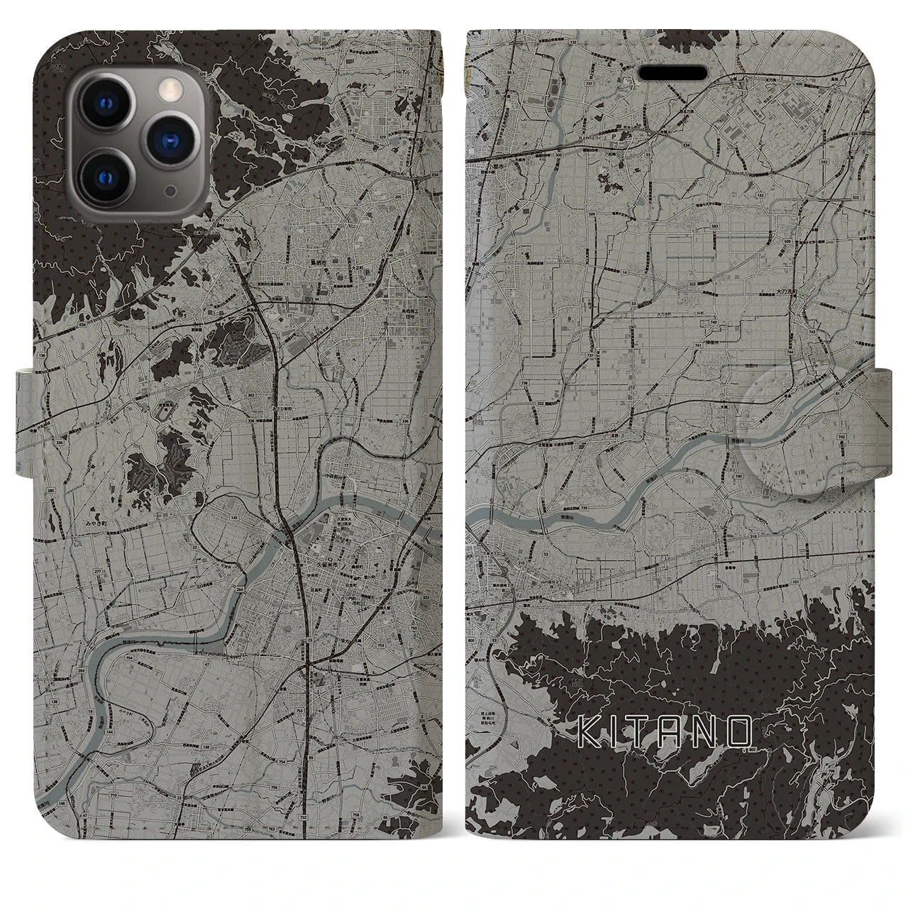 【北野(福岡県)】地図柄iPhoneケース(手帳タイプ)モノトーン・iPhone 11 Pro Max 用