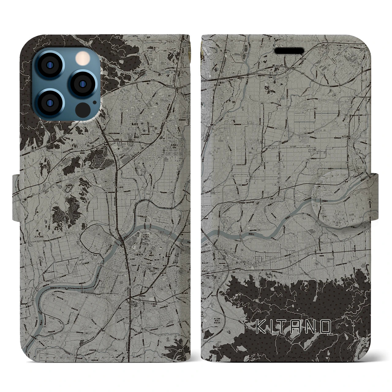 【北野(福岡県)】地図柄iPhoneケース(手帳タイプ)モノトーン・iPhone 12 / 12 Pro 用