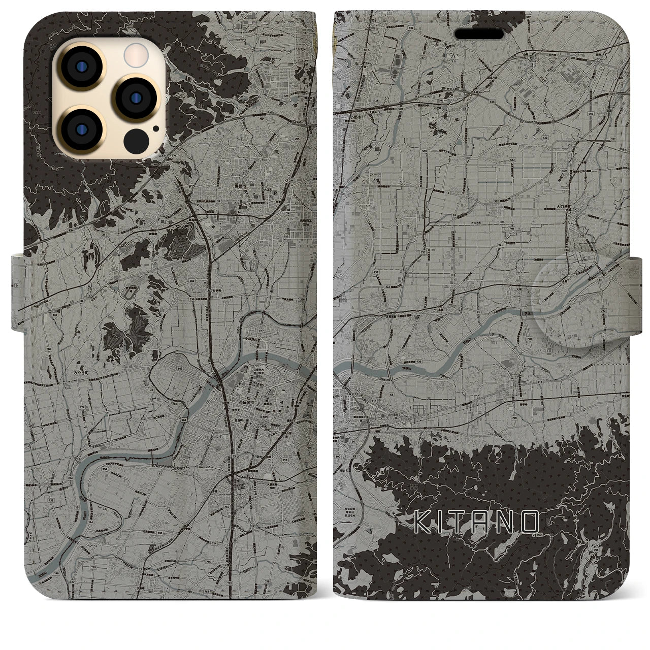 【北野(福岡県)】地図柄iPhoneケース(手帳タイプ)モノトーン・iPhone 12 Pro Max 用