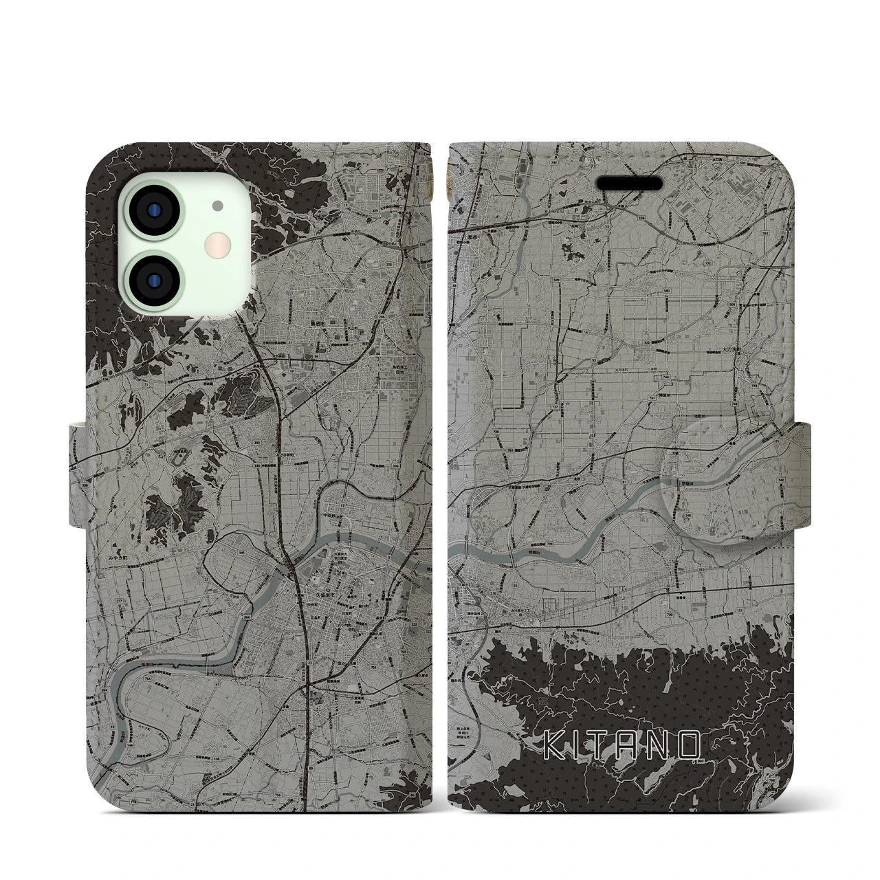 【北野(福岡県)】地図柄iPhoneケース(手帳タイプ)モノトーン・iPhone 12 mini 用