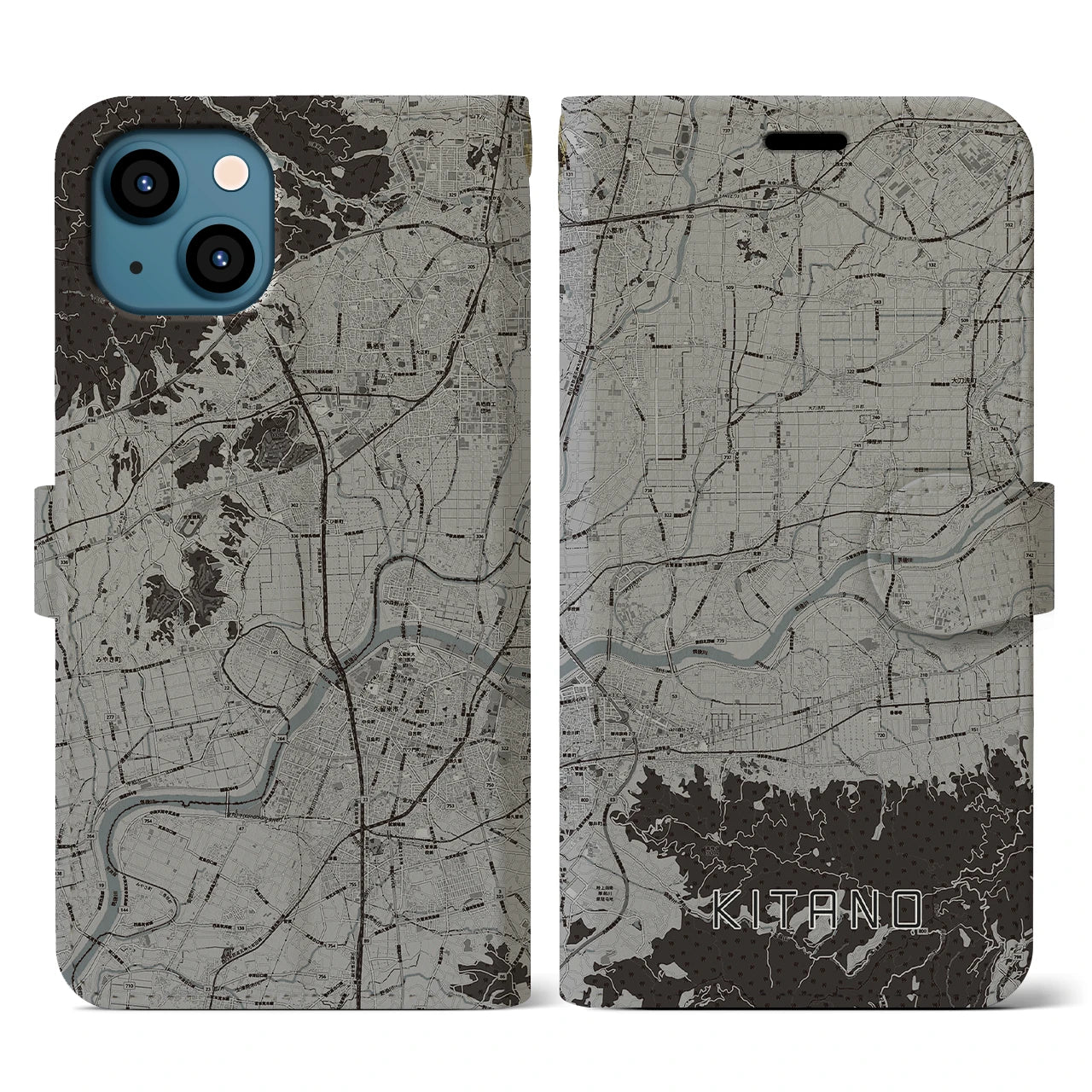 【北野(福岡県)】地図柄iPhoneケース(手帳タイプ)モノトーン・iPhone 13 用