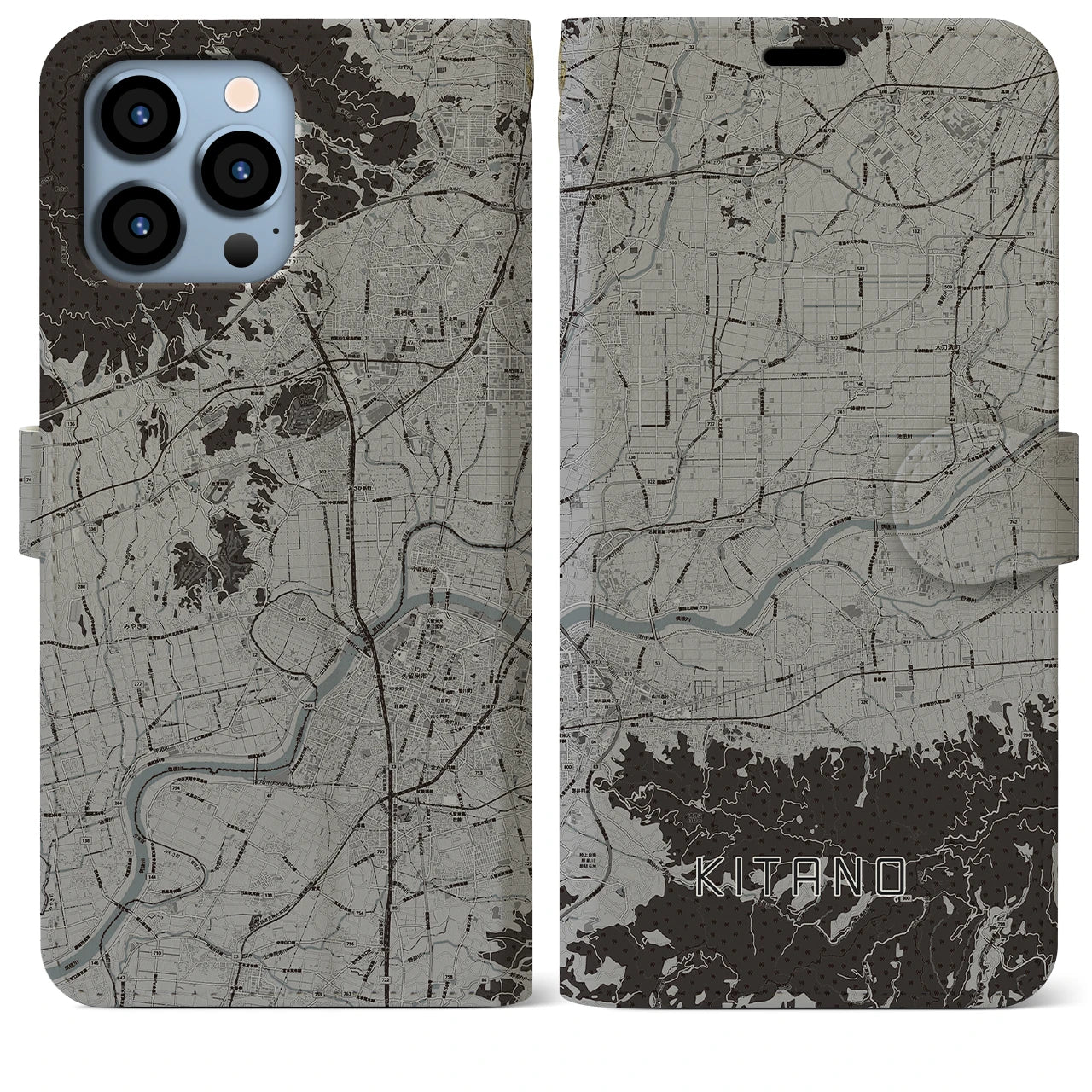 【北野(福岡県)】地図柄iPhoneケース(手帳タイプ)モノトーン・iPhone 13 Pro Max 用
