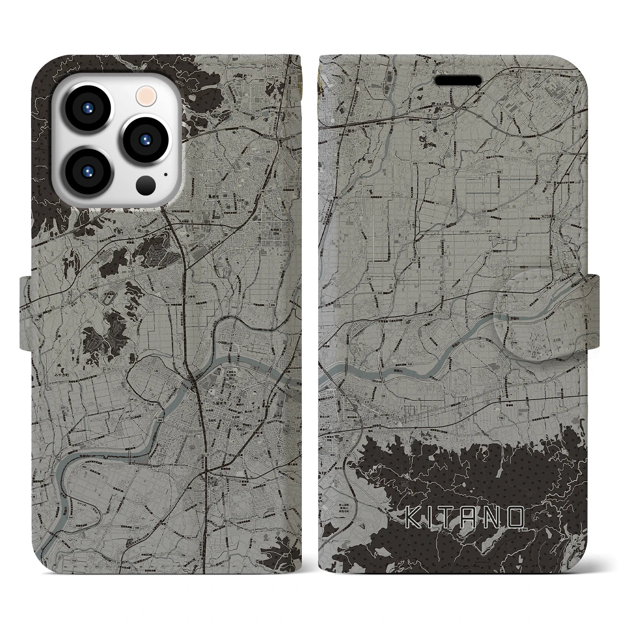 【北野(福岡県)】地図柄iPhoneケース(手帳タイプ)モノトーン・iPhone 13 Pro 用
