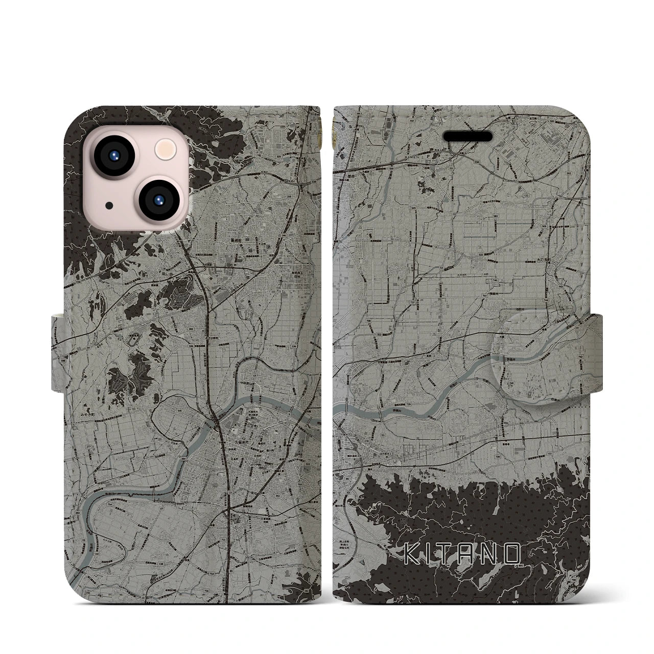【北野(福岡県)】地図柄iPhoneケース(手帳タイプ)モノトーン・iPhone 13 mini 用