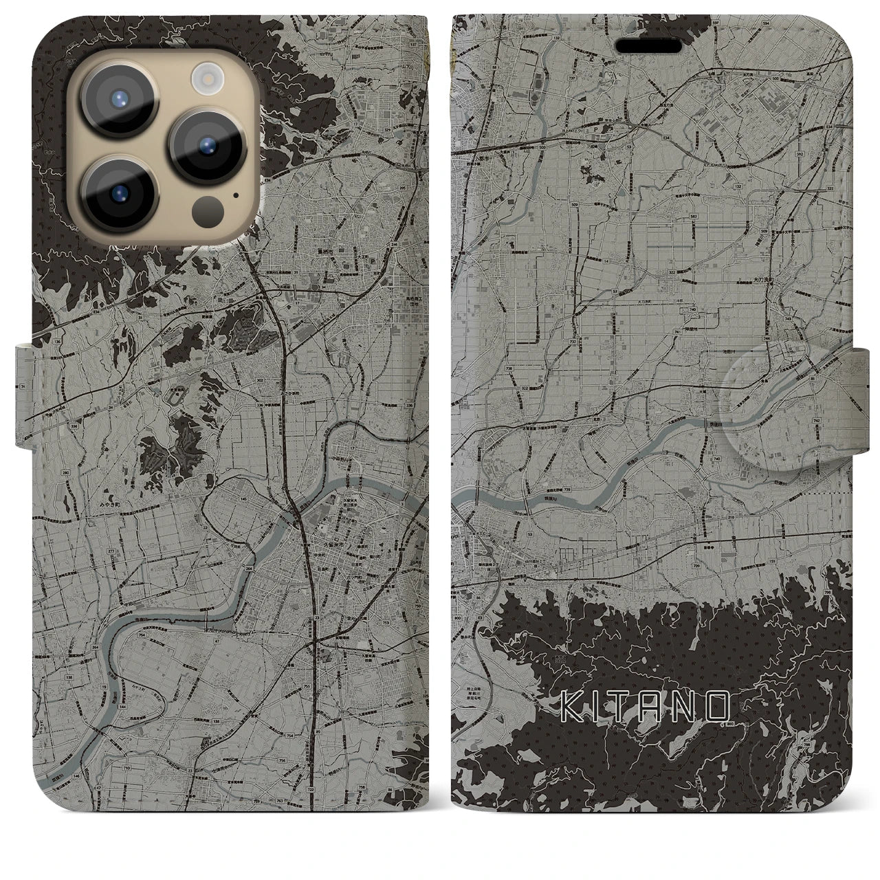 【北野(福岡県)】地図柄iPhoneケース(手帳タイプ)モノトーン・iPhone 14 Pro Max 用