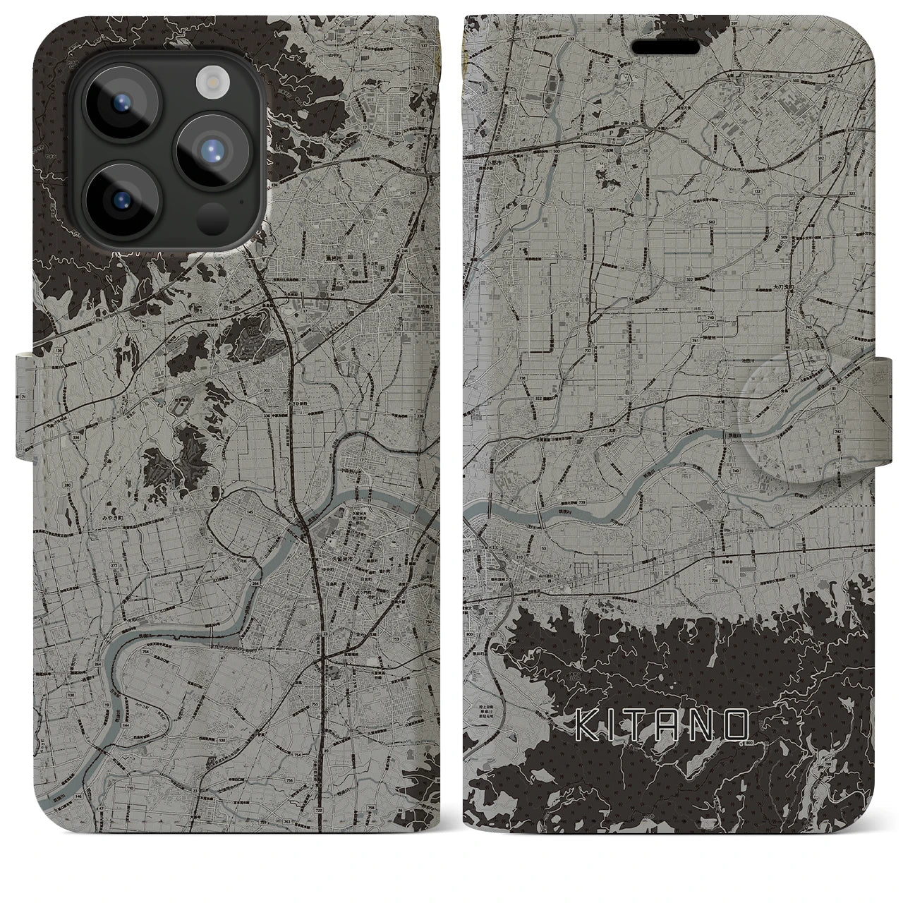 【北野(福岡県)】地図柄iPhoneケース(手帳タイプ)モノトーン・iPhone 15 Pro Max 用