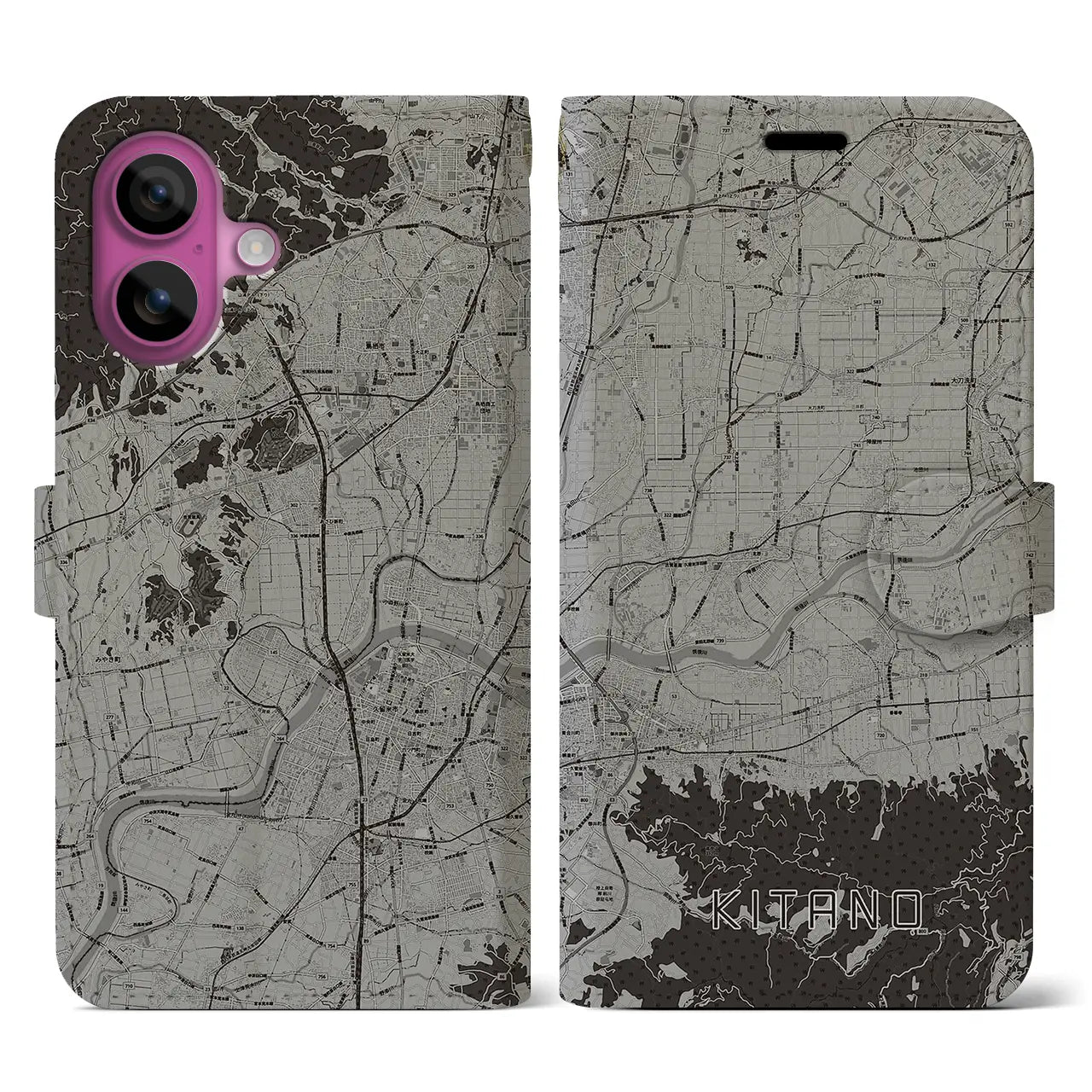【北野(福岡県)】地図柄iPhoneケース(手帳タイプ)モノトーン・iPhone 16 Pro 用