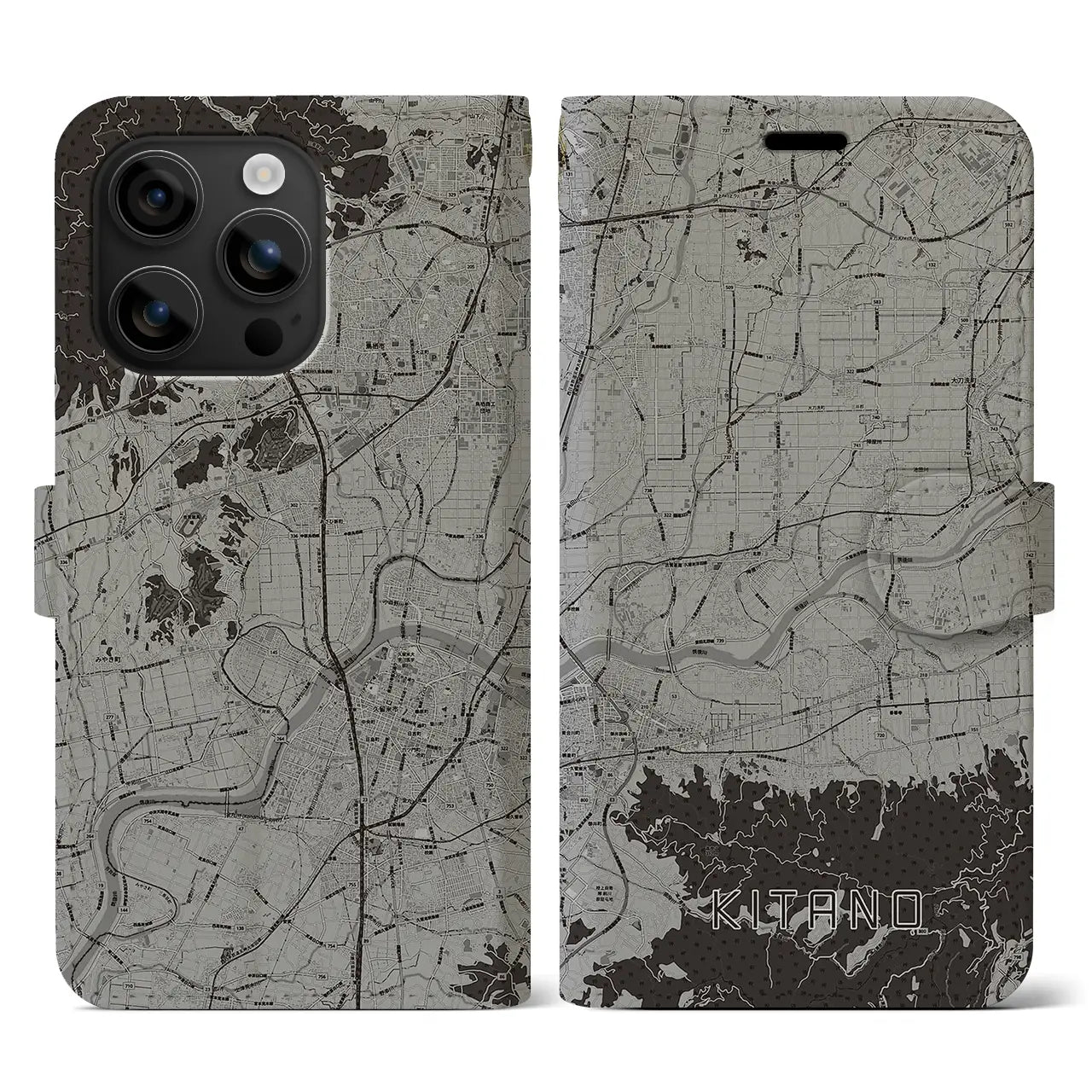 【北野(福岡県)】地図柄iPhoneケース(手帳タイプ)モノトーン・iPhone 16 用