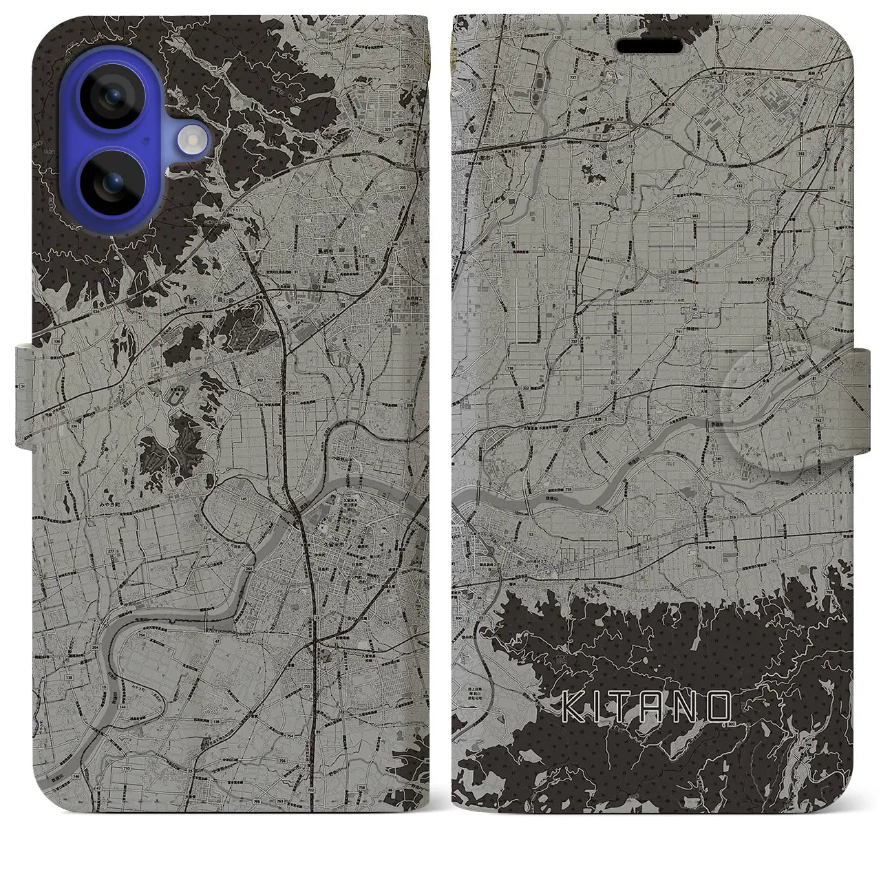 【北野(福岡県)】地図柄iPhoneケース(手帳タイプ)モノトーン・iPhone 16 Pro Max 用